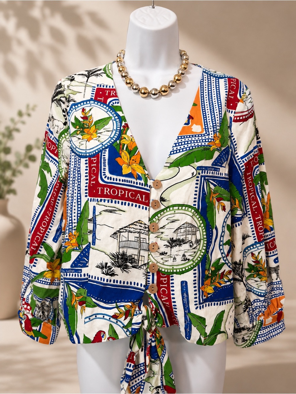 Joie Multicolor Tropical Print Button-Front Tie Hem Shirt (NWOT)
